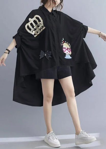 Fine Black Peter Pan Collar Low High Design Summer Top