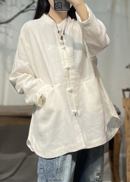 White Stand Collar Pockets Patchwork Linen Shirts Spring