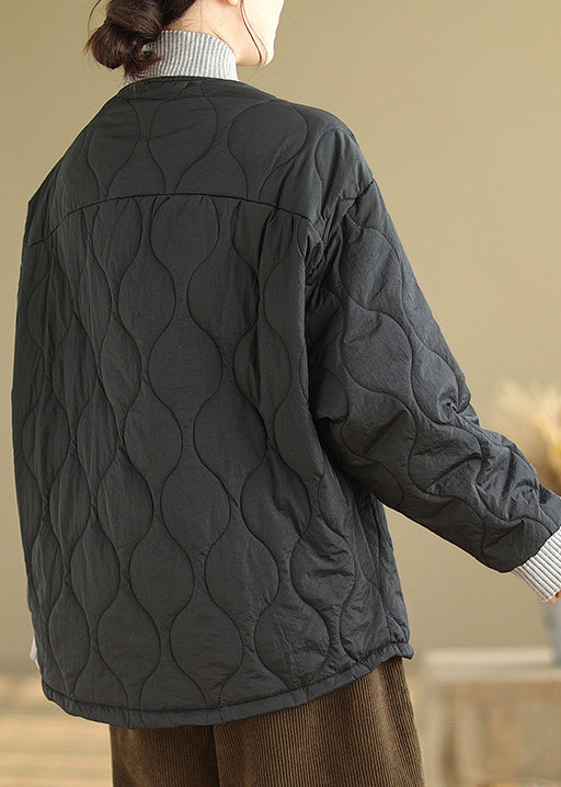 Black Pockets Button Fine Cotton Filled Jacket Winter