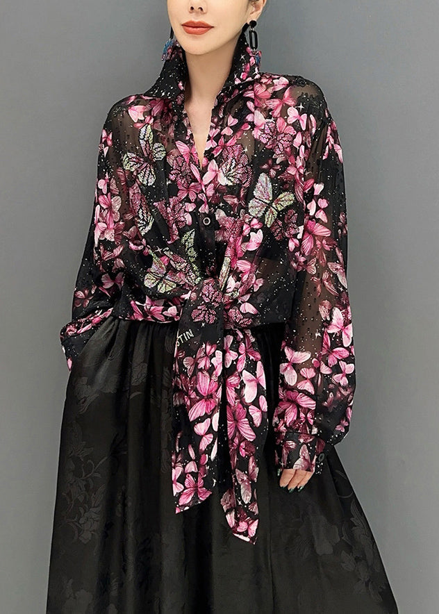 Black Base Butterfly Chiffon Shirt Tops Fall