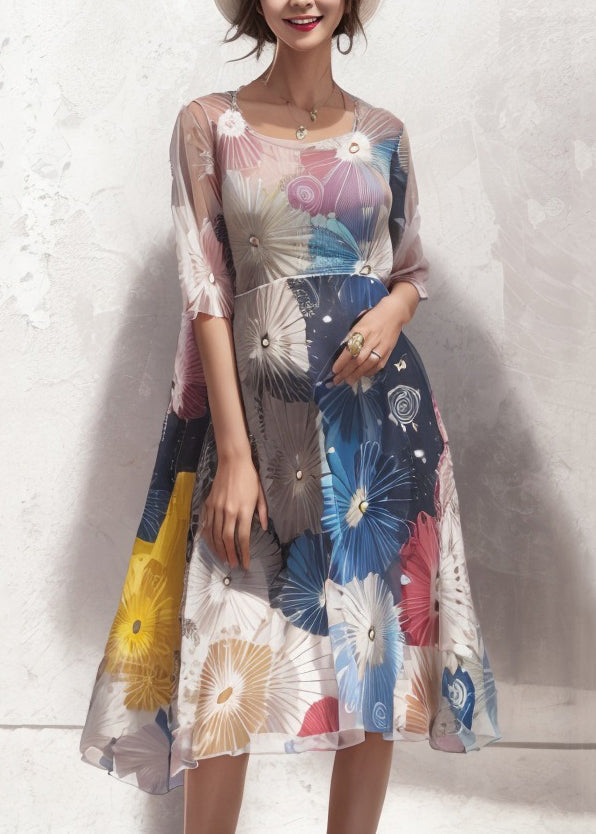 Style Colorblock O Neck Print Loose Silk Long Dress Summer