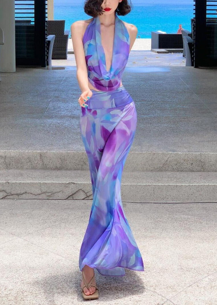 Fine Purple Print Tulle Top and Maxi Skirts Two-piece Set Sleeveless