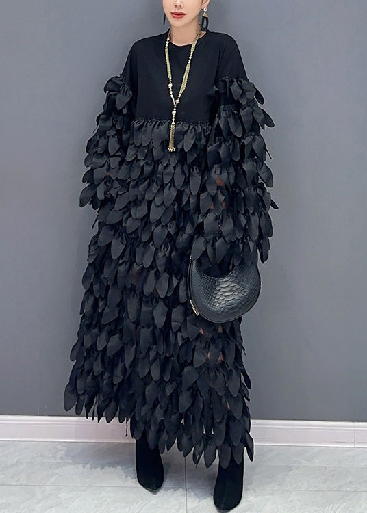 Black O Neck Patchwork Cotton Long Dress Spring