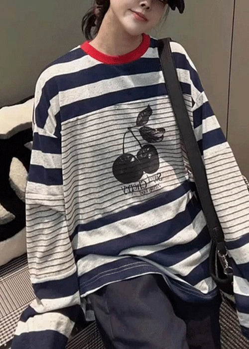 Striped Print Patchwork Cotton T Shirt Tops Fall