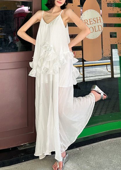 White Ruffled Patchwork Cotton Spaghetti Strap Dress Summer