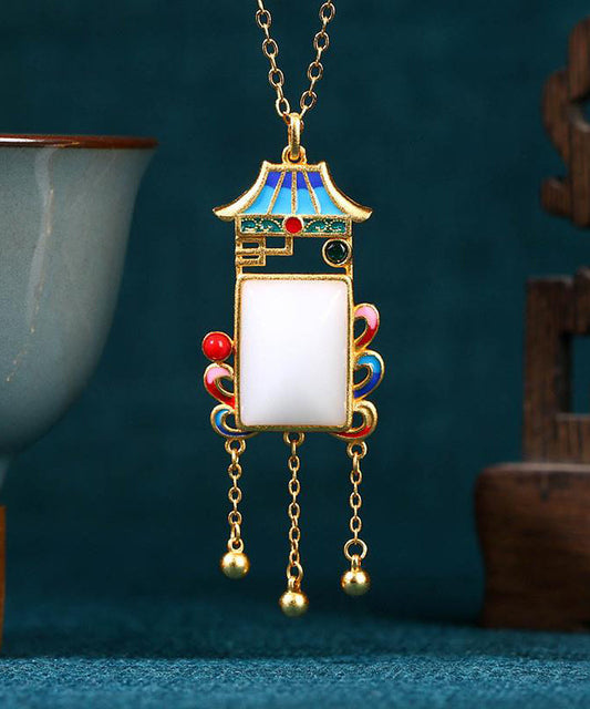 Blue Copper Overgild Jade Agate Pagoda Tassel Pendant Necklace