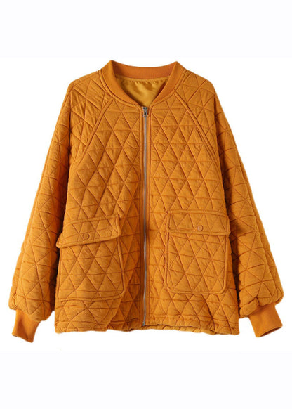 Yellow O-neck Zippered Plaid Thick Coats Long Sleeve