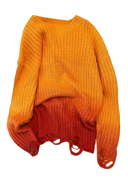 Gradient Color Orange O-neck Cozy Thick Knit Sweaters Fall