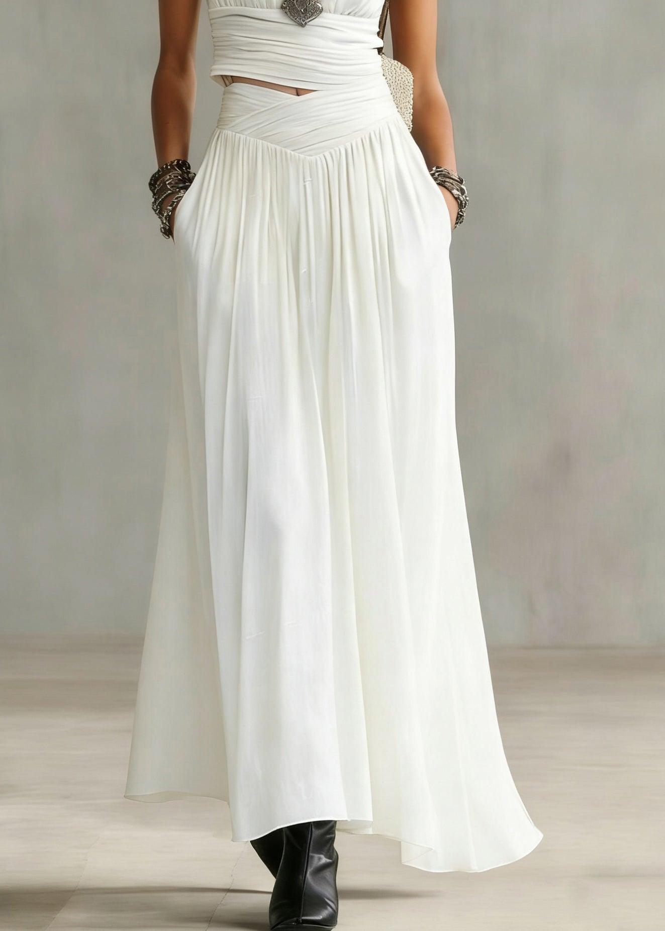Natural White V Neck Wrinkled Top and Maxi Skirts Two Pieces Set Summer