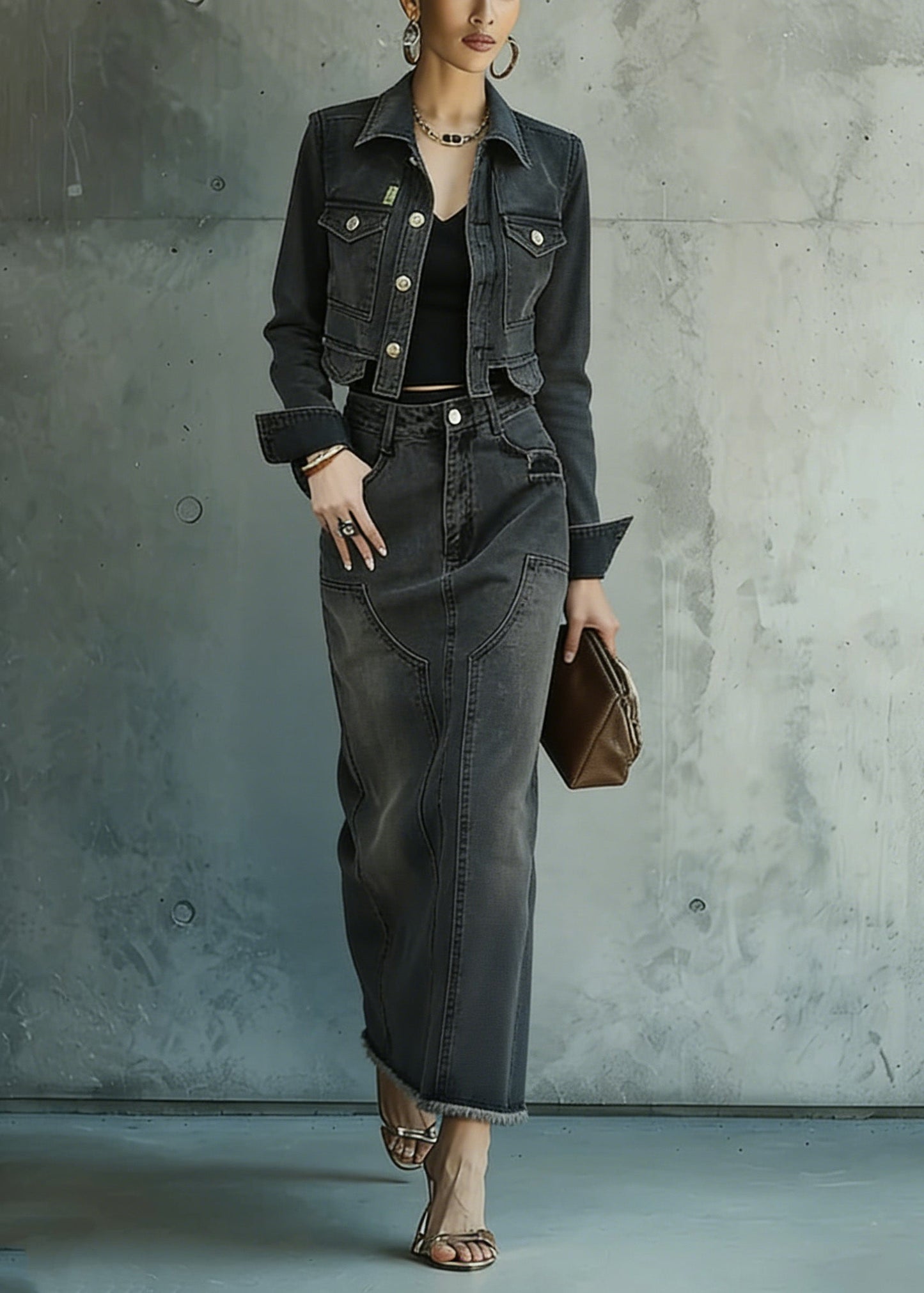 Fine Peter Pan Collar Coat and Skirts Denim Two Piece Set Spring