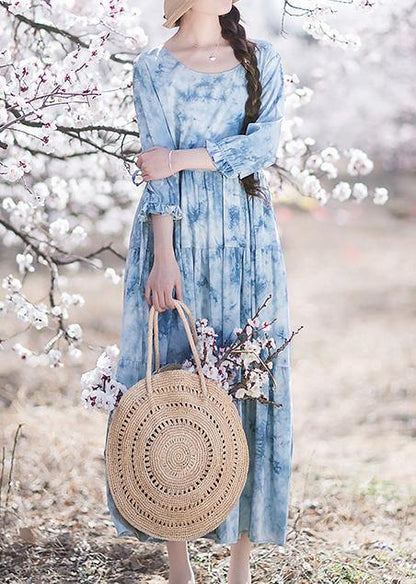 Handmade O-neck Drawstring Summer Soft Long Blue Dress