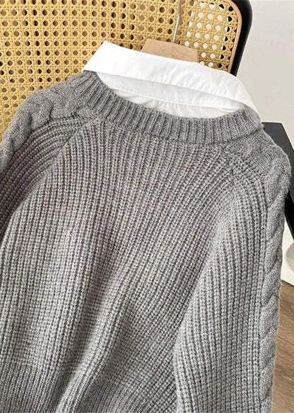Grey False Two Pieces Patchwork Knit Pullover Spring