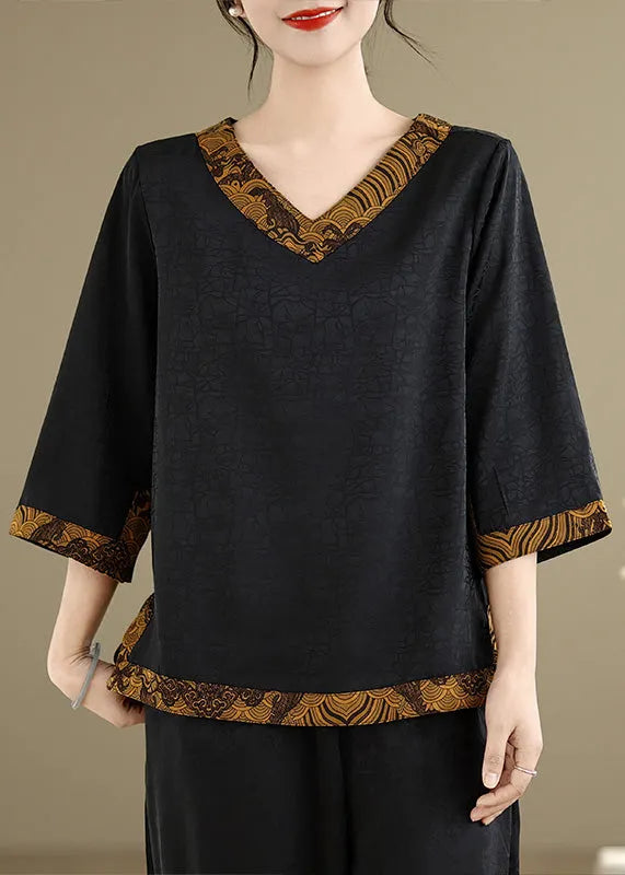 Style Black V Neck Patchwork Silk Shirts Summer