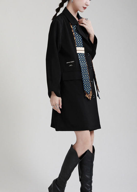 Classy Black Peter Pan Collar Button Asymmetrical Design Pockets Fall Maxi Dresses Long Sleeve