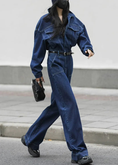 Loose Blue Peter Pan Collar Pockets High Waist Denim Jumpsuits Fall