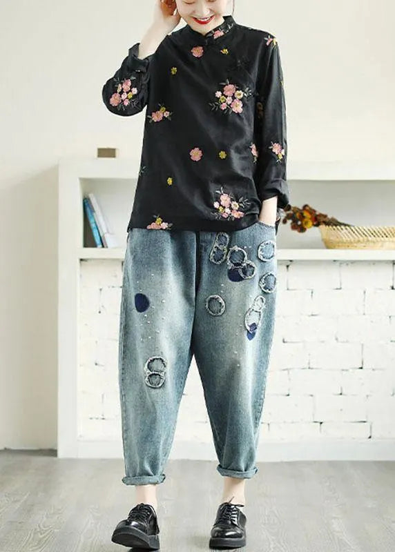 Black Embroideried Stand Collar Button Fall Long Sleeve Shirt