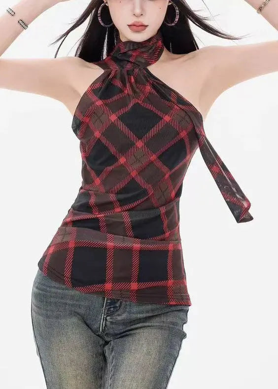 Red Plaid Slim Fit Cotton Tank Cold Shoulder Sleeveless