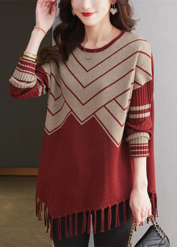 Coffee O Neck Tassel Woolen Sweater Tops Spring