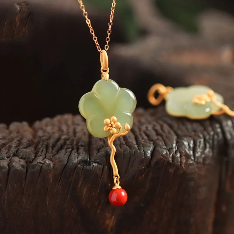 Plum Blossom Flower Jade Red Agate Prosperity Necklace Pendant