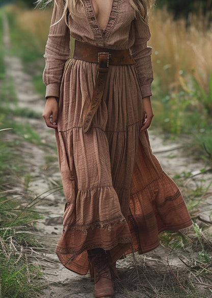 V Neck Wrinkled Patchwork Cotton Long Dress Spring