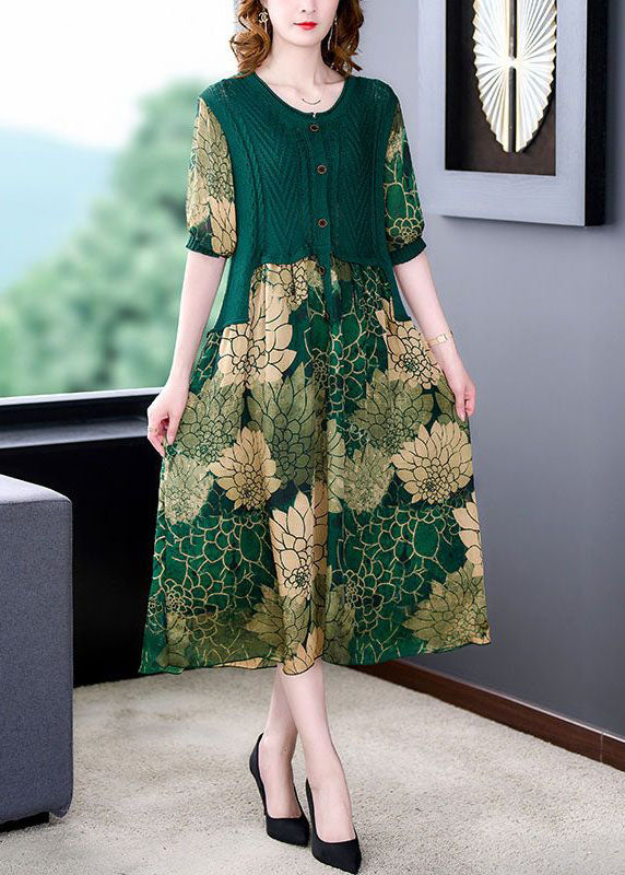 O-neck Green Knit Patchwork Print Silk Dresses Summer