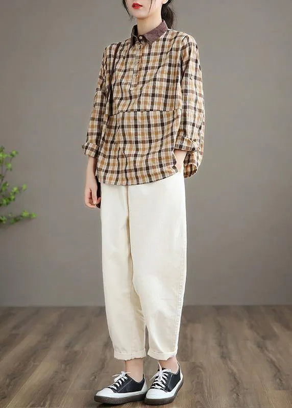Lapel Patchwork Spring Shirts Fabrics Lighe Orange Plaid Blouses