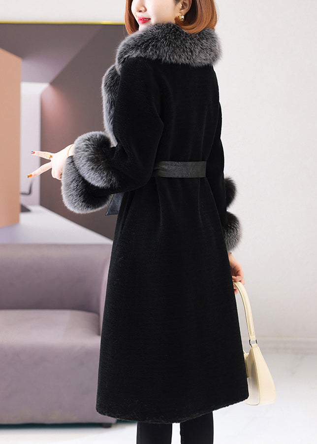 Black V Neck Tie Waist Fuzzy Fur Long Coat Winter