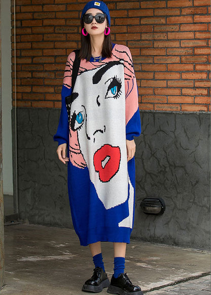 French Blue O-neck Loose Fall Knit Long Dresses Long Sleeve
