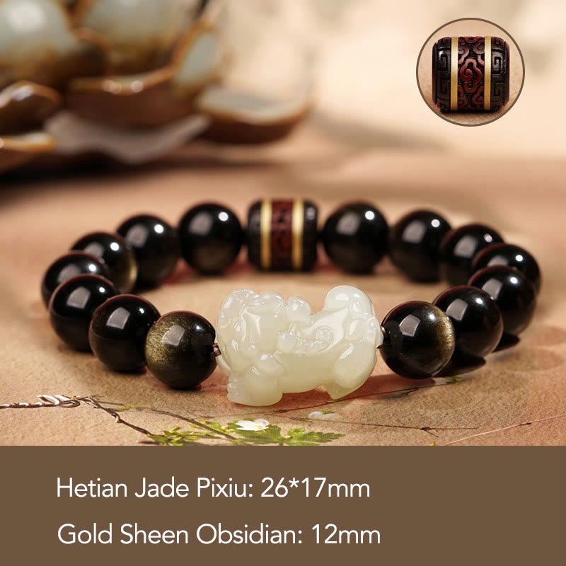 Buddha Stones Natural Gold Sheen Obsidian Hetian Cyan Jade White Jade Pixiu Wealth Bracelet