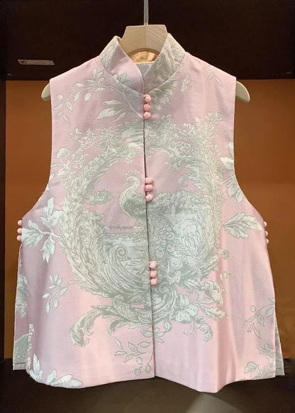 Chinese Style Yellow Stand Collar Embroideried Silk Vest Sleeveless