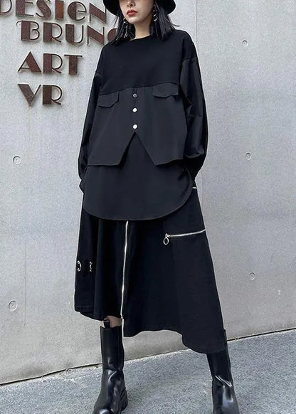 Unique Black Button Cotton Long Sleeve Spring Blouses