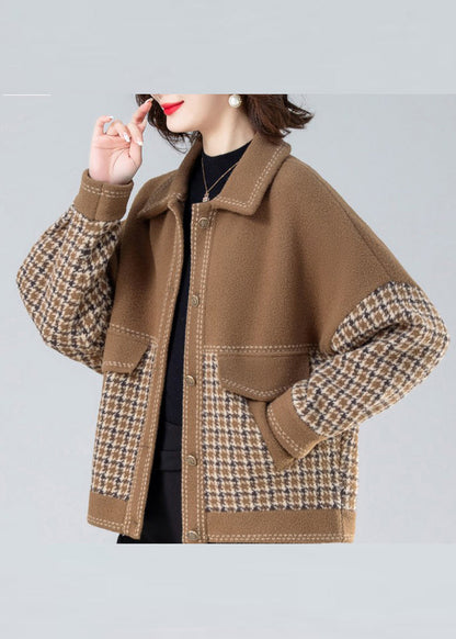 Camel Peter Pan Collar Print Patchwork Coats Long Sleeve
