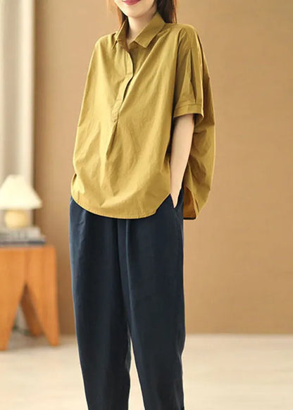 Khaki Peter Pan Collar Patchwork Cotton Shirt Tops Short Sleeve