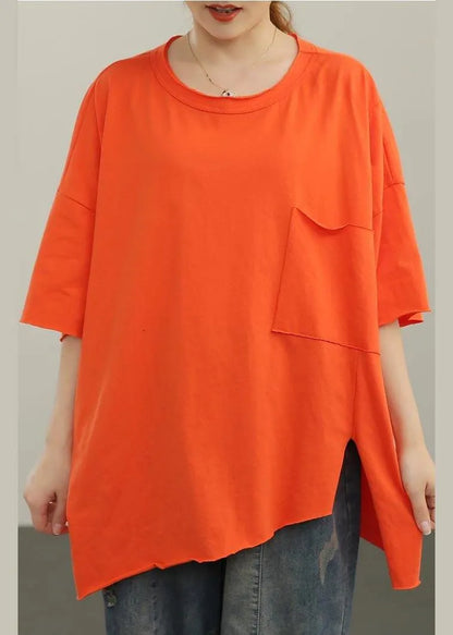 Style Orange O-neck Pockets Cotton Tops Summer