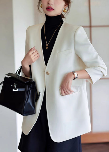 White V Neck Cotton Jackets Spring