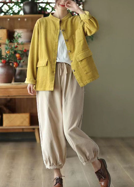 Boutique Yellow Stand Collar Pockets Corduroy Coats Fall