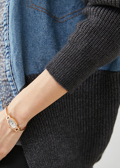 Blue Oversized Patchwork Knit Denim Loose Coat Fall