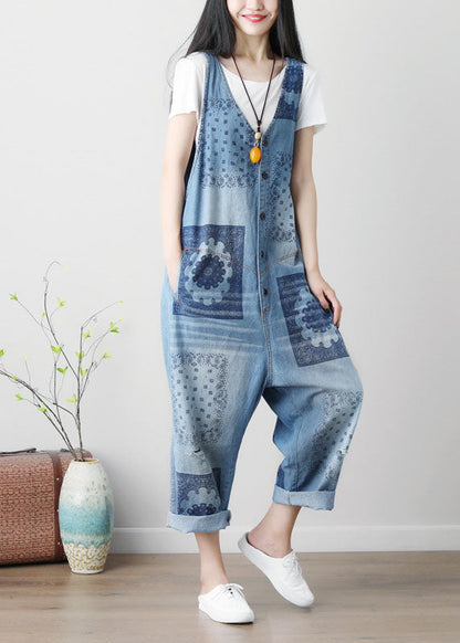 Loose Blue Hole V Neck Print Cotton Denim Jumpsuits Spring