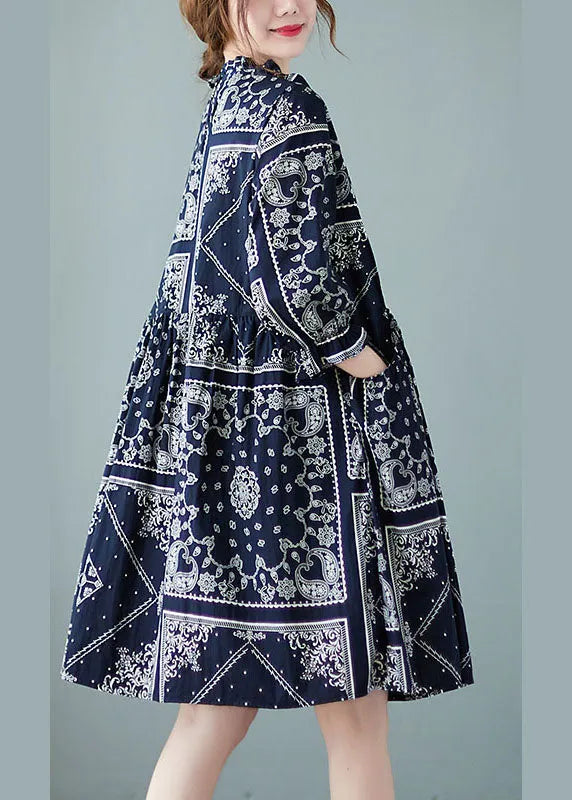 Navy O-neck Patchwork Print Fall Dress Half Sleeve