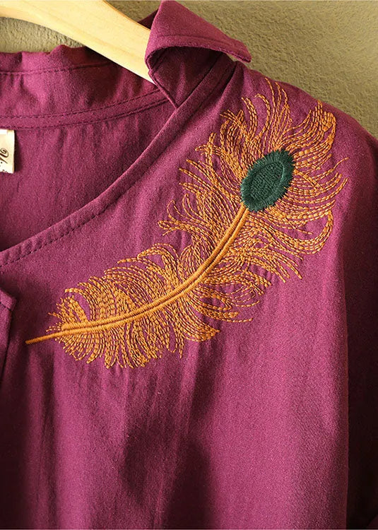 Boutique Purple V Neck Feathers Embroideried Cotton Blouses Short Sleeve