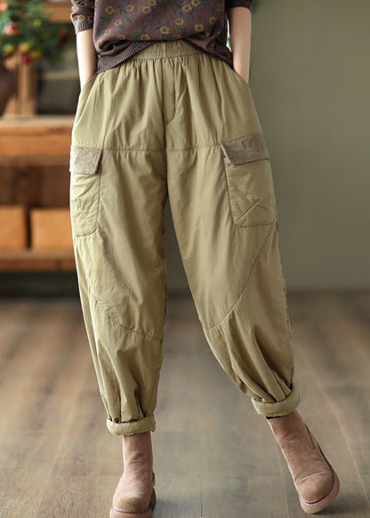 Light Green Pockets Patchwork Fleece Harem Pants
