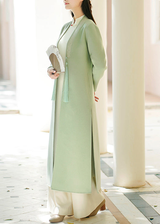 Light Green Tasseled Pockets Side Open Woolen Coat Fall