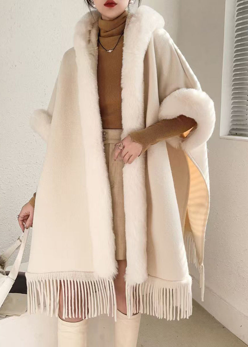 Loose Beige Hooded Tasseled Warm Fleece Cape Coats Winter