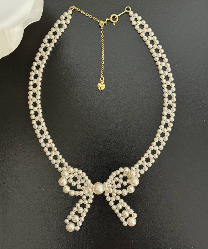 French Pearl Bow Sweater Necklace and Bracelet Set