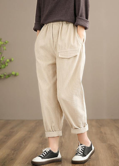 French Spring Trousers Beige Inspiration Elastic Waist Pockets Pant