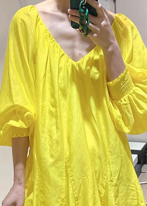 New Yellow V Neck Lace Up Cotton Mini Dress Spring