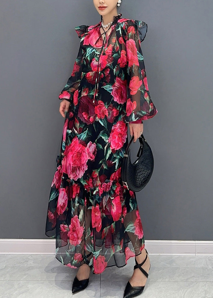 Red Tie Lace Print Chiffon Maxi Dresses Fall