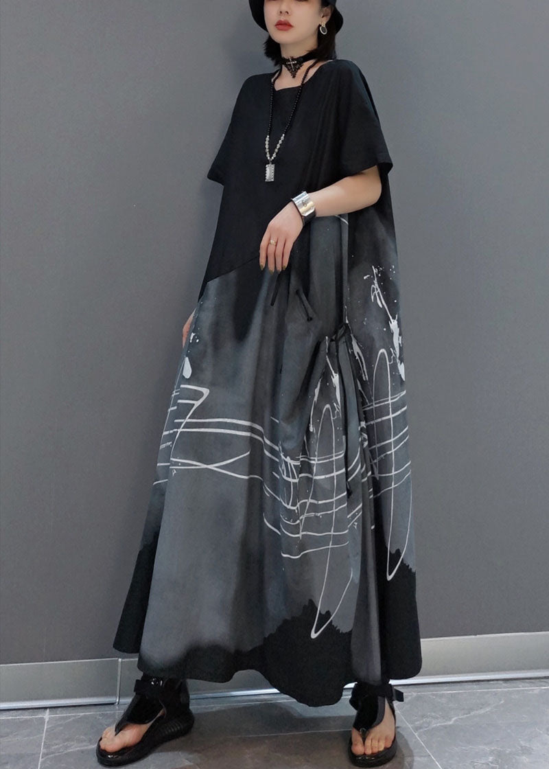 Italian Black Asymmetrical Drawstring Print Patchwork Ankle Dress Spring
