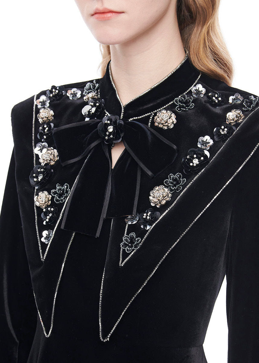 French Black Stand Collar Nail Bead Zircon Velour Dress Spring