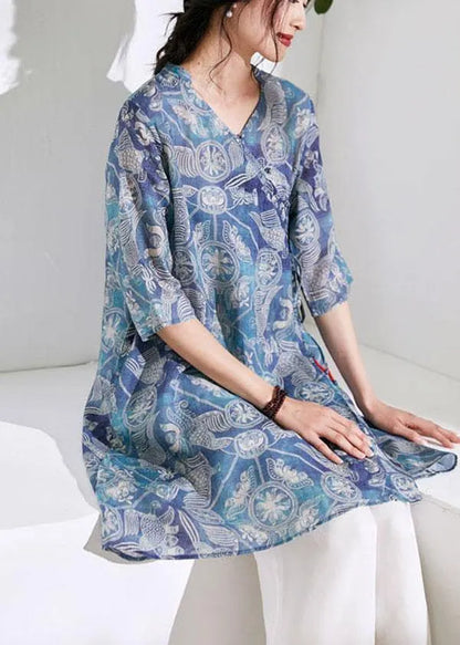 Loose Blue Tie Waist Print Summer Ramie Top